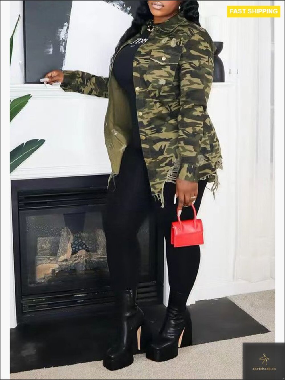 Women's Ripped Camo Jacket Casual Army Fatigue Button Down Utility Coat Plus - Picture 6 of 6